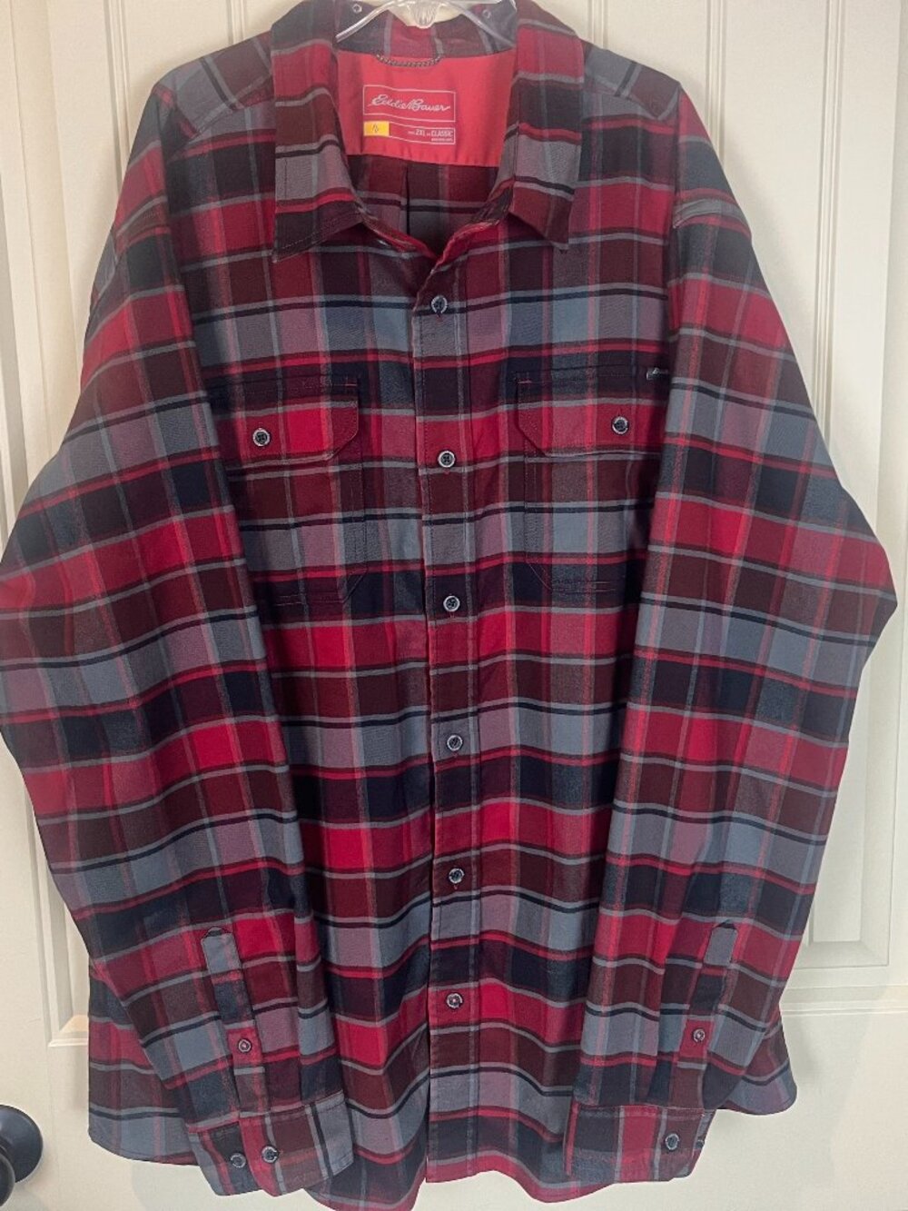 Eddie Bauer Men's Flannel Shirt Size 2XL Red Gray, Plaid Print, Button Down